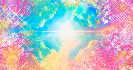 Fototapeta na wymiar カラフルな薔薇のペン画フレームと宇宙に漂う美しい虹色の雲海のファンタジー背景イラスト