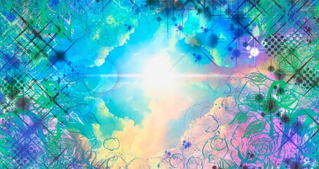 カラフルな薔薇のペン画フレームと宇宙に漂う美しい虹色の雲海のファンタジー背景イラスト
