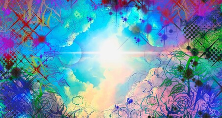 カラフルな薔薇のペン画フレームと宇宙に漂う美しい虹色の雲海のファンタジー背景イラスト