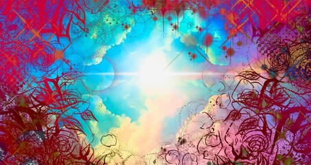 Fototapeta na wymiar カラフルな薔薇のペン画フレームと宇宙に漂う美しい虹色の雲海のファンタジー背景イラスト