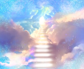 Illustration of the mysterious gate leading to the heaven and the divine light shining through a gap in the sea of clouds