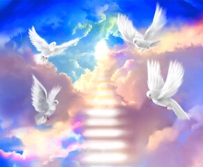 The flying four white doves around clouds stairs leading to shining heaven and the background of the clouds in beautiful nebula and stars