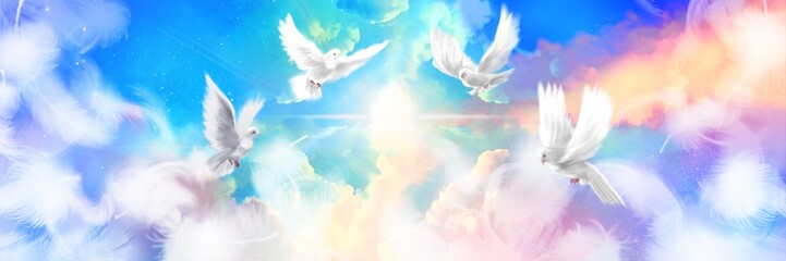 The flying four white doves around clouds stairs leading to shining heaven and the background of the clouds in beautiful nebula and stars