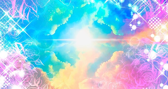 カラフルな薔薇のペン画フレームと宇宙に漂う美しい虹色の雲海のファンタジー背景イラスト