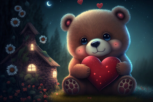 Cute bear holding a red heart sits in the night fantasy wonderland, night sky, and hut. Generative AI. Valentine day.