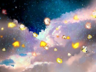 Fototapeta na wymiar 神秘的な宇宙空間をふわふわ舞う黄色い蝶々達の幻想的な背景イラスト
