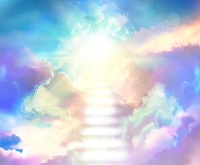 Illustration of the mysterious gate leading to the heaven and the divine light shining through a gap in the sea of clouds