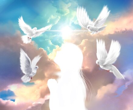 Mysterious illustration of a glowing heavenly background, a silhouette of a young woman praying, and a white dove flying around her.