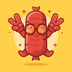 cute sausage food character mascot with peace sign hand gesture isolated cartoon in flat style design