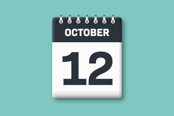 October 12 - Calender Date  12th of October on Cyan / Bluegreen Background