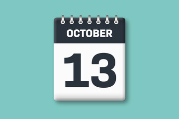 October 13 - Calender Date  13th of October on Cyan / Bluegreen Background