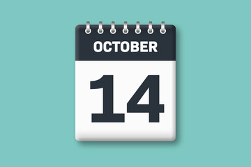 October 14 - Calender Date  14th of October on Cyan / Bluegreen Background