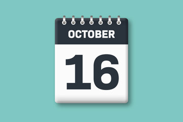 October 16 - Calender Date  16th of October on Cyan / Bluegreen Background