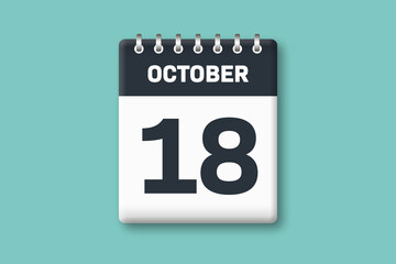 October 18 - Calender Date  18th of October on Cyan / Bluegreen Background