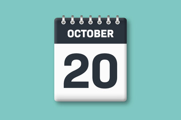 October 20 - Calender Date  20th of October on Cyan / Bluegreen Background
