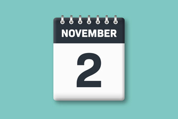 November 2 - Calender Date  2nd of November on Cyan / Bluegreen Background