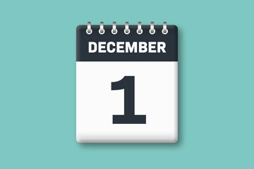December 1 - Calender Date  1st of December on Cyan / Bluegreen Background