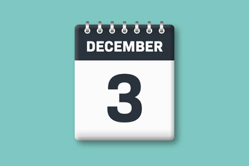 December 3 - Calender Date  3rd of December on Cyan / Bluegreen Background