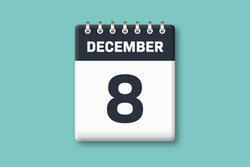 December 8 - Calender Date  8th of December on Cyan / Bluegreen Background