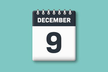 December 9 - Calender Date  9th of December on Cyan / Bluegreen Background