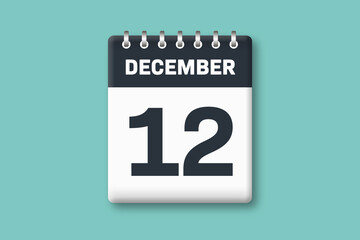 December 12 - Calender Date  12th of December on Cyan / Bluegreen Background