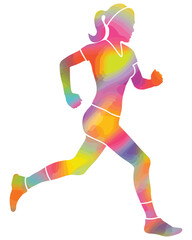 Fototapeta na wymiar Woman jogger in rainbow colors. Side view of an athletic female running. Icon of healthy person jogging. Fitness logo isolated on white background.