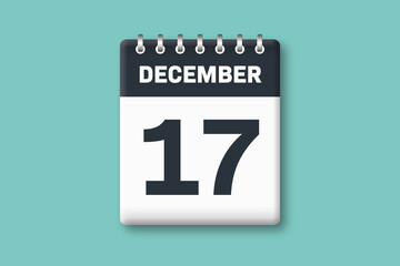 December 17 - Calender Date  17th of December on Cyan / Bluegreen Background