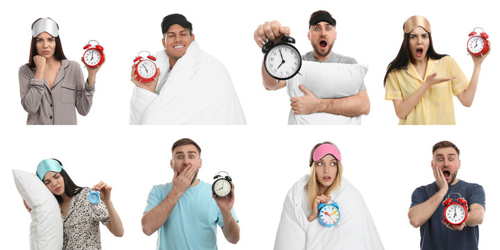 Collage with photos of people with alarm clocks on white background. Banner design