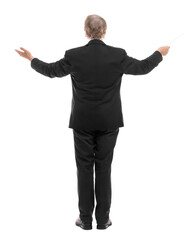 Professional conductor with baton on white background, back view