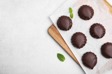 Delicious chocolate covered zephyrs and mint on white table, flat lay. Space for text