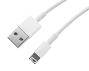 USB to lightning cable isolated on white, top view. Modern technology
