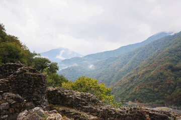 View on stone ruins and forest in mountains
