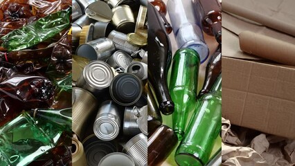 Pet plastic, glass bottles, metal tin cans, paper and cardboard recycle. Waste sorting center. Sorted recyclables materials