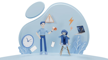  Exhausted, frustrated worker, burnout. Boss shout at employee, deadline. How to relieve stress,...