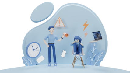  Exhausted, frustrated worker, burnout. Boss shout at employee, deadline. How to relieve stress, acute stress disorder, work related stress concept. 3d illustration on blue background