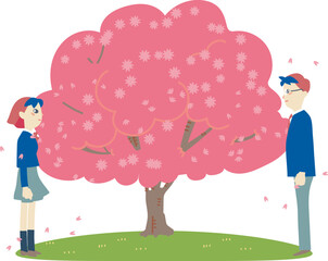 卒業式の日桜の木の下に向き合って立つ学生服を着た男女　イラスト素材
