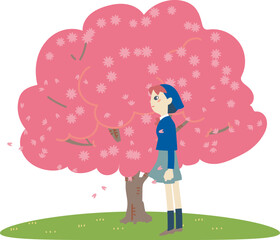 桜の木の下に立つ学生服を着た女子学生　イラスト素材
