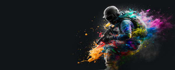 Obraz na płótnie Canvas A tactical suit and color bombs for a war game, banner. Generative AI