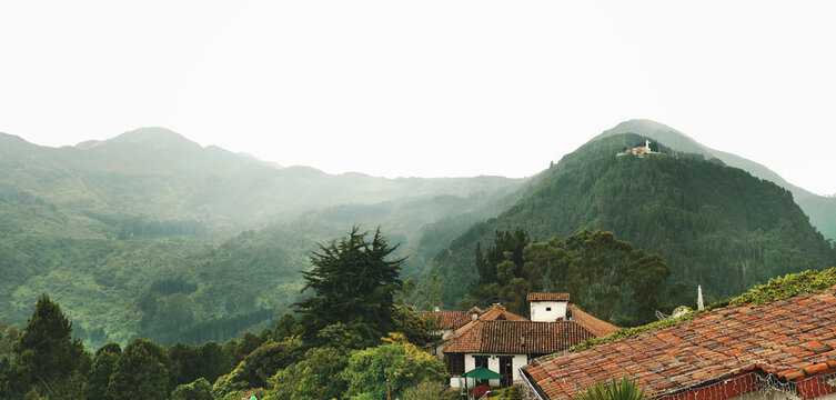 Beautiful View from Montserrat in Bogota. Montserrate hill, Church on background - Bogota, Colombia.