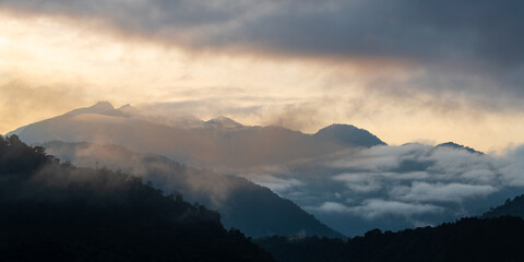 Panorama of Mindo cloud forest at sunrise with Andes mountain peaks, Quito region, Ecuador. 