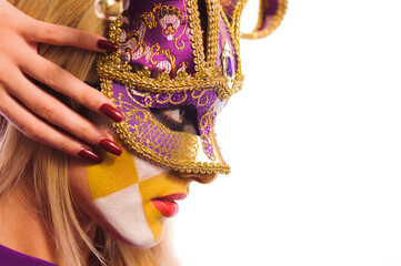 close up portrait of beauty young woman in venice mask