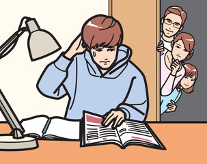 勉強する男子を見守る家族、気になる母