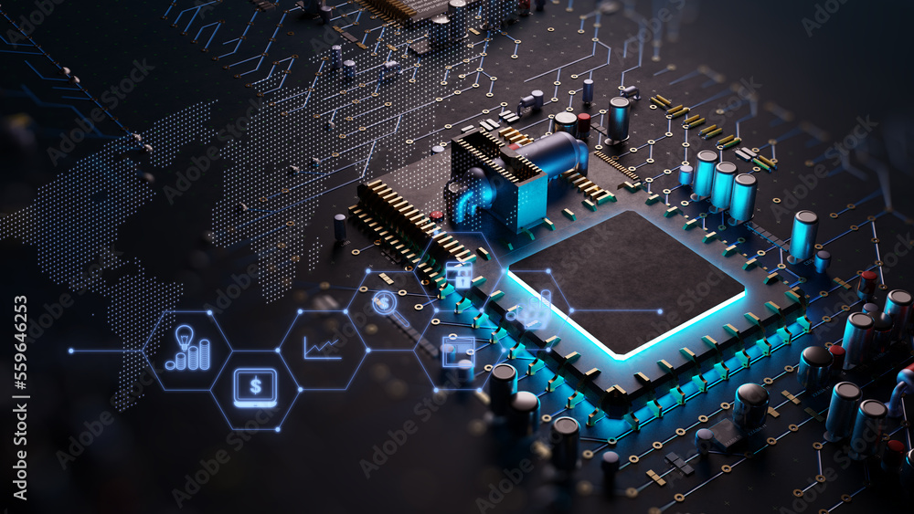Poster 3d rendering  of futuristic blue circuit board and cpu