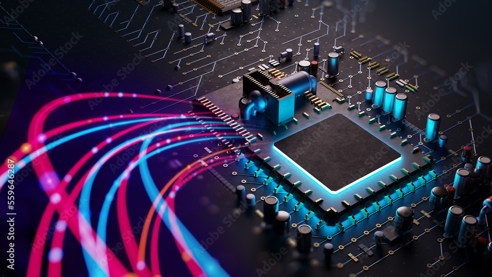 Poster 3d rendering  of futuristic blue circuit board and cpu
