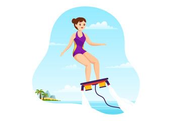 Fototapeta na wymiar Flyboard Illustration with People Riding Jet Pack in Summer Beach Vacations in Flat Extreme Water Sport Activity Cartoon Hand Drawn Templates