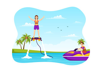 Flyboard Illustration with People Riding Jet Pack in Summer Beach Vacations in Flat Extreme Water Sport Activity Cartoon Hand Drawn Templates