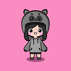 Cute girl wearing oversize jumper. Racoon character oversize jumper. Racoon character oversize hoodie. Fit for mascot, children's book, icon, t-shirt design, etc.