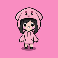Cute girl wearing oversize jumper. Squid character oversize jumper. Squid character oversize hoodie. Fit for mascot, children's book, icon, t-shirt design, etc.