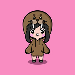 Cute girl wearing oversize jumper. Walrus character oversize jumper. Walrus character oversize hoodie. Fit for mascot, children's book, icon, t-shirt design, etc.
