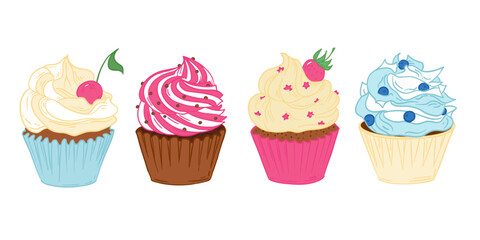 Little delicious cupcakes. Colorful vector illustration set